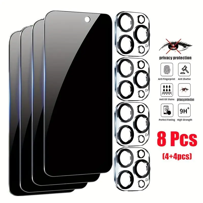 [4+4Pack] for iPhone 16 Pro Max Privacy Screen Protector with Camera Lens Protector Full Coverage Anti-Spy Tempered Glass Film 9H Hardness Upgrade Edge Protection Easy Installation Bubble Free
