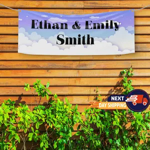 Custom Name Banner for Outdoor & Indoor Decor, Personalized Cloud Design Sign, Personalized Vinyl Banner with Name, Sky Theme Party & Home Decoration Custom Text Banner, Cloudy Sky Backdrop, Personalized Outdoor Sign