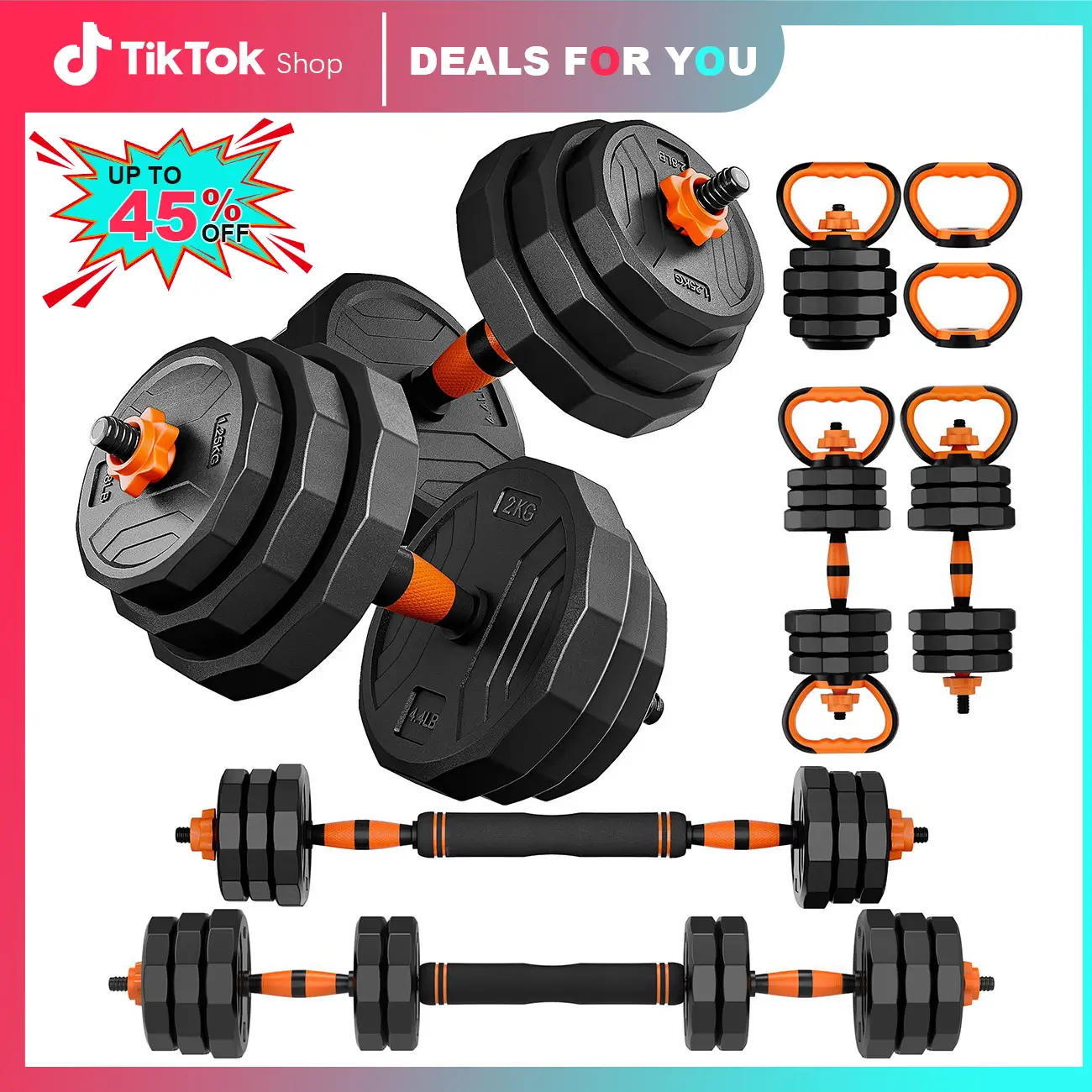 Adjustable Dumbbell Set, 32/44/66/88 lbs Weight Set Use as Dumbbell, Barbell, Kettlebell and Push-up Pesas Para Ejercicios en Casa, Multi-functional