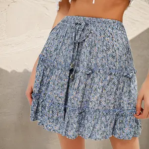 Ruffled Trim Short Skirt for Women Boho Adjustable Drawstring Flower Printed Skirts for Summer Beach Travel