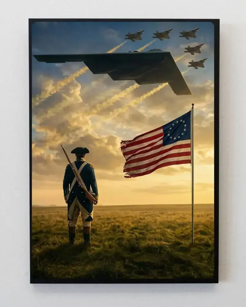 America 250th Anniversary Poster, Revolutionary War Soldier and US Flag Wall Art, B2 Spirit Aircraft Patriotic 1776 2026 Freedom