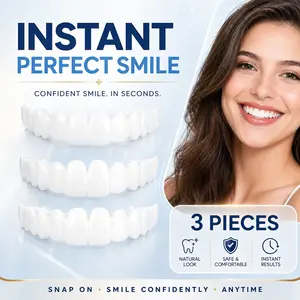 Premium [3PC] Soft Silicone Snap-On Smile Veneers - No-Glue Adjustable Perfect Fit Covers Ultra-Thin Natural Brightening Teeth Instant Gap Fix Reusable Temporary Dentures for On-the-Go Beauty Kit