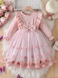 Girls' Princess Dress Floral Pattern Long Sleeve Round Neck Butterfly Embroidery Mesh Skirt Casual One-Piece, Spring & Fall Fashion, Ruffle Dress