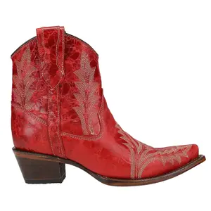 Corral Boots Womens Embroidered Snip Toe Zippered  Casual Boots Ankle Low Heel 1-2" - Red
