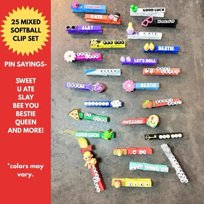 25 Mixed backpack softball clip bundle - Handmade Wooden Clothes Pins perfect for clipping backpack at your next tournament , game or practice .