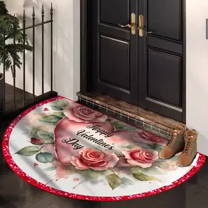 Valentine's Day Door Mat Half Round Fireplace Rug Heart Rose Pattern, Pet Friendly Non-Slip Soft Plush Foot Pad, Foldable