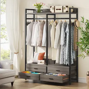 LITTLE TREE Freestanding Closet Organizer for Hanging Clothes, Heavy Duty Garment Rack with 4 Drawers, 8 Hooks and Storage Shelves, Wardrobe Closet Clothing Rack for Bedroom, Living Room