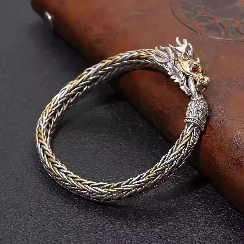 New Year of the Dragon Chinese Trend Handmade Woven Golden Dragon Head Bracelet with Vintage Craftsmanship Round Ring