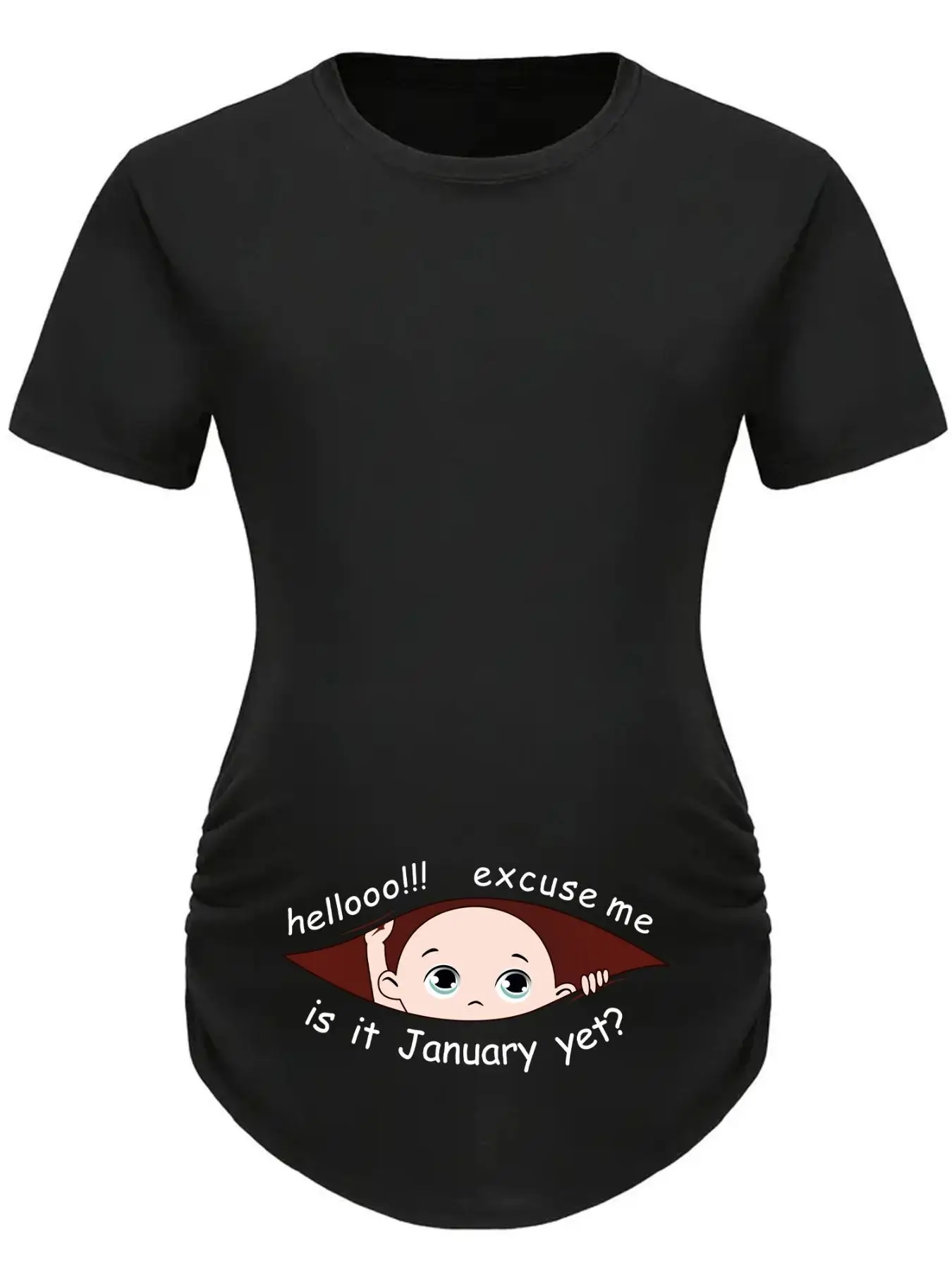 Maternity Cartoon Character & Letter Print Ruched Tee, Casual Short Sleeve Round Neck T-shirt for Daily Wear, Maternity Top for All Seasons