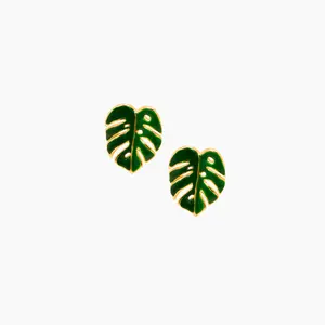 Green Enamel Medium Monstera Studs