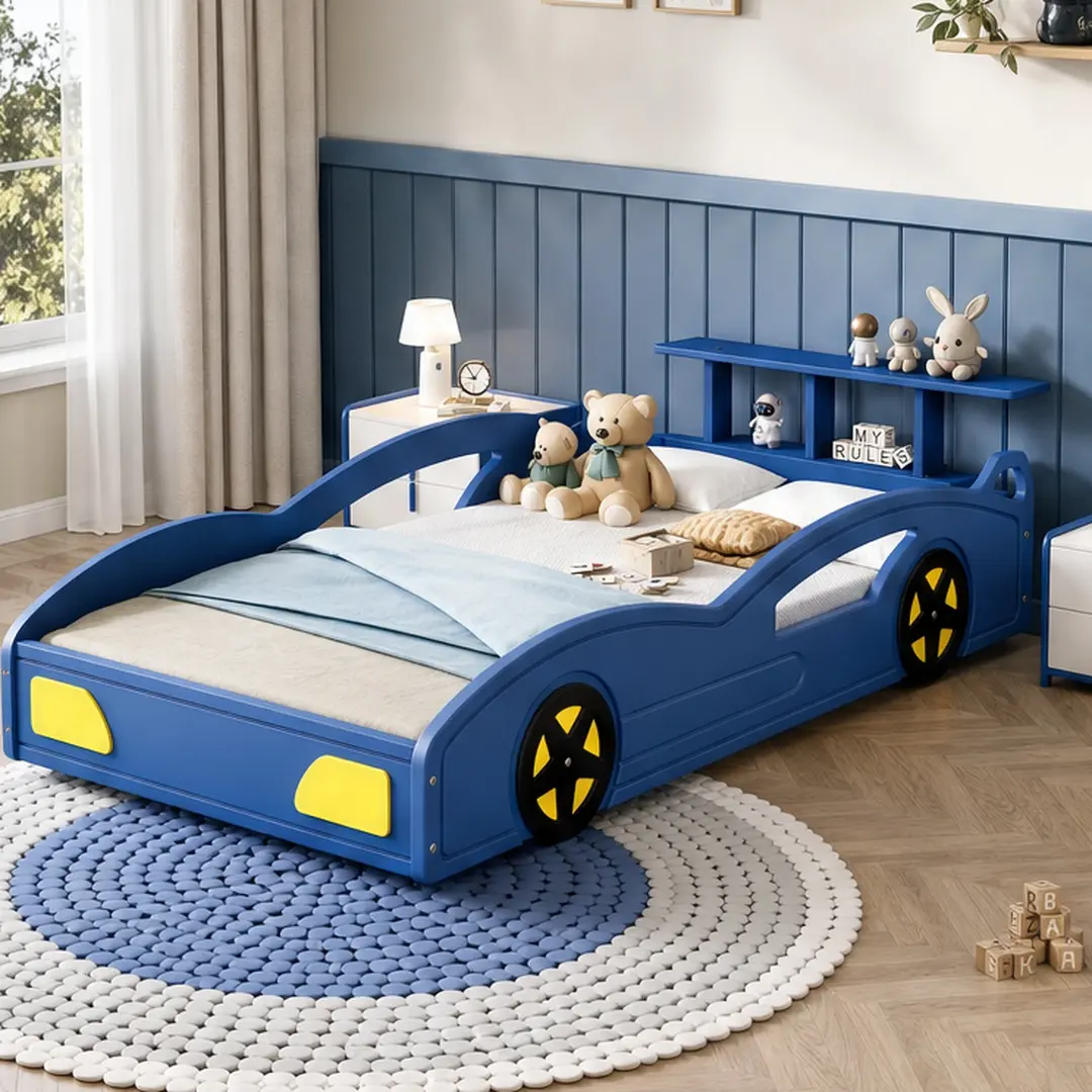 ARCH Wooden Race Car Twin Bed Frame for Kids Teens, Blue & Yellow MDF Platform Bed with Wheels, Safety Rails, Storage Rack, Car-Shaped Design for Bedroom, Easy Assembly, 41.3"W x 81.8"D x 20.6"H, Blue Color Options, MDF Material, Color: Blue