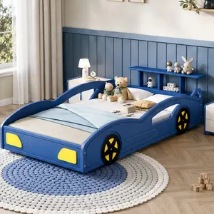 ARCH Wooden Race Car Twin Bed Frame for Kids Teens, Blue & Yellow MDF Platform Bed with Wheels, Safety Rails, Storage Rack, Car-Shaped Design for Bedroom, Easy Assembly, 41.3"W x 81.8"D x 20.6"H, Blue Color Options, MDF Material, Color: Blue