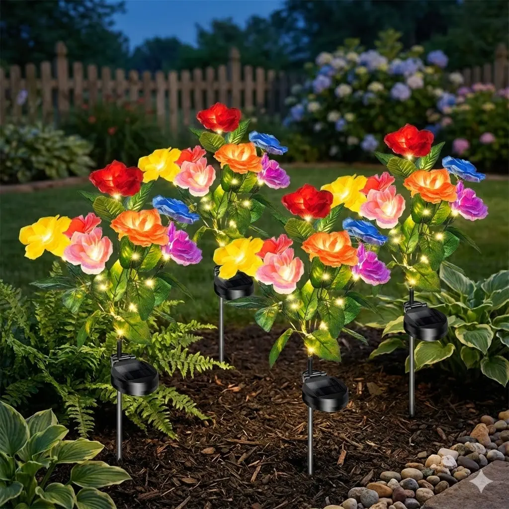 4pc Simulated 7-Headed Rose Garden Lights - Upgraded Panels, IP65 Dustproof Waterproof, Solar Outdoor Lights for Landscaping Decor, Mom's Gift, Independence Day Accents