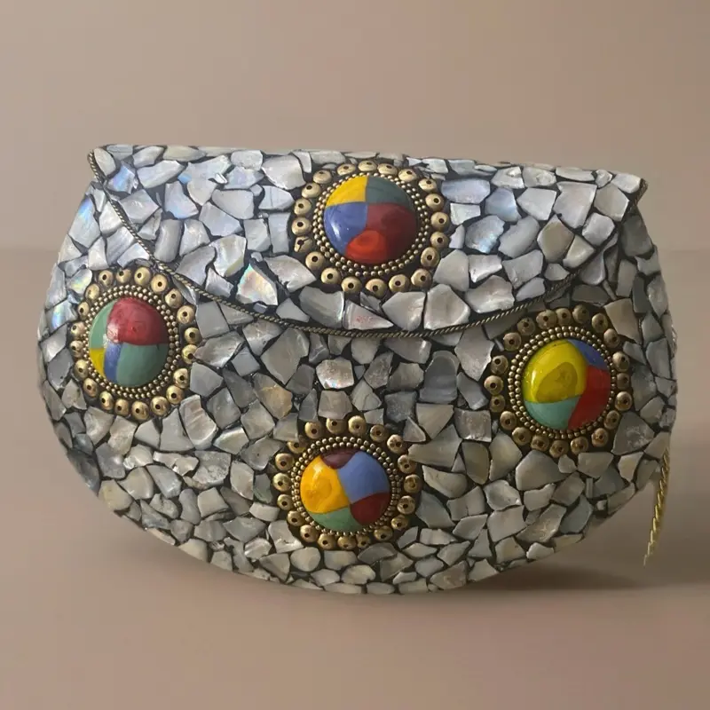 Celestial Medallion Clutch - Moonstone Mosaic Handcrafted with Iridescent Light & Antique Gold Detailing for Art Lovers