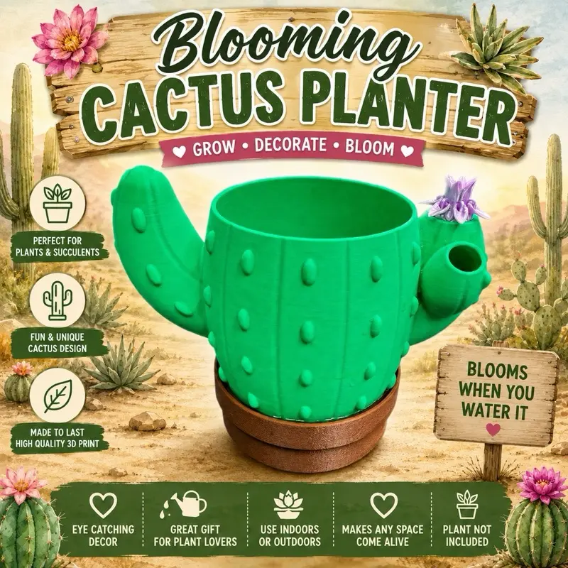 3D Printed Blooming Cactus Planter - Decorative Indoor Plant Pot for Small Succulents