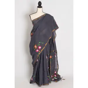 Rama Dark Grey & Gold Hand Painted Chanderi Cotton Saree