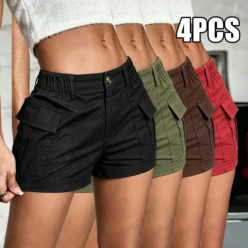 4-Pack Women's Summer Breathable High Waist Slim Fit Bermuda Cargo Shorts, Versatile Multi-Pocket Casual Athletic Bottoms Perfect for Beach Trips and Outdoor Outings