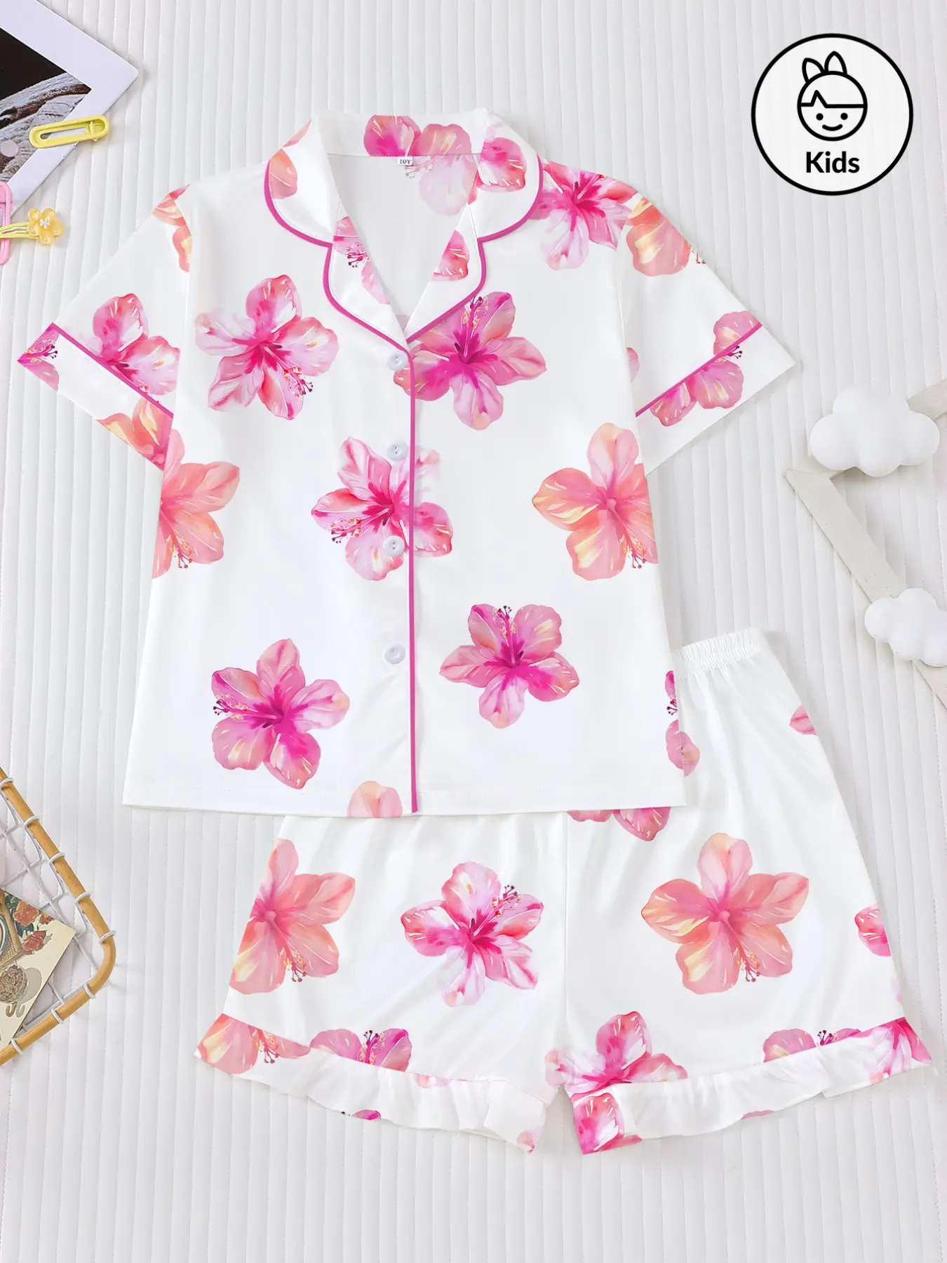 Floral Kids Pajamas Set, Short Sleeve Fitted Top and Loose Shorts, Casual Home Wear for All Seasons, Perfect for Parties and Outings, Summer Pjs