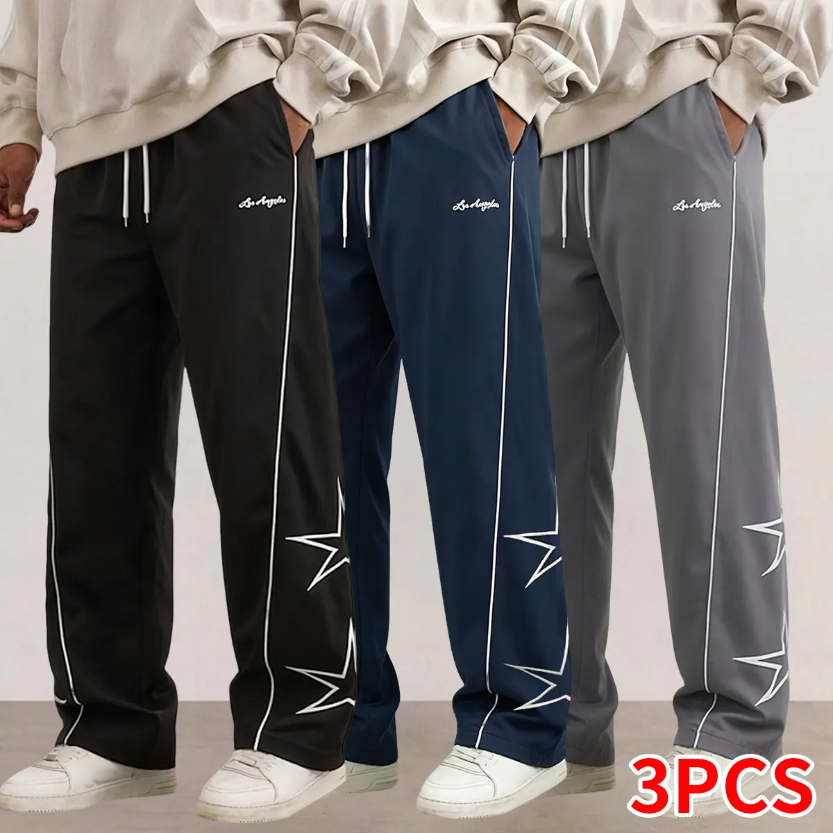 Men’s 3-piece sports pants set, breathable and lightweight, stylish printed design on the pant legs, straight loose athletic casual pants, summer menswear | men’s bottoms