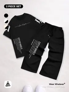 American Street Style Los Angeles Graphic Set「2-Piece Set」 Short Sleeve T-Shirt + Sporty Wide Leg Pants, Casual Breathable Unisex for Men and Women