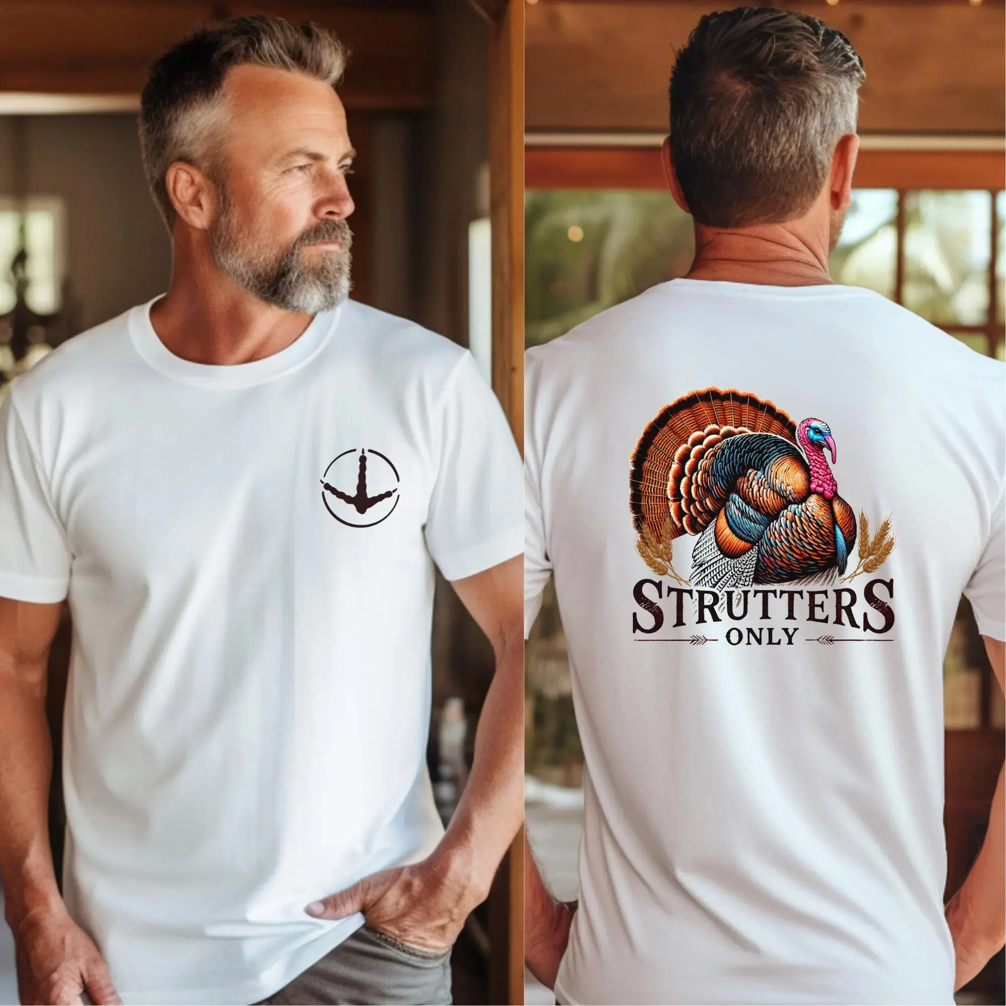 Men’s Turkey Hunting T-Shirt, Strutters Only Wild Turkey Graphic Tee With Colorful Gobbler, Wheat And Turkey Track Front And Back Print, Outdoor Hunting Shirt For Men, Turkey Season Outfit, Father’s Day Birthday Gift For Hunters And Outdoorsmen Alike Top