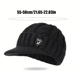 Men's Cable-Knit Winter Hat with Fleece - Short-Brim Warm Beanie for Elderly & Middle-Aged, Thickened Cold-Proof Cap, Casual & Formal Wear (Grey/Black) - Durable Cable-Knit Design for Daily Activities, Winter Hats For Men, Winter Cap For Men, Mens Winter