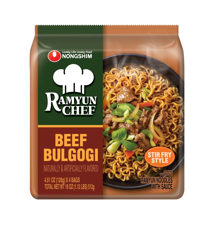 Nongshim Ramyun Chef Korean Beef Bulgogi Instant Stir Fry Ramyun Noodle Food 16 Pack 4x4 Sweet Savory Soy Sauce Base with Bok Choy & Carrot Flakes