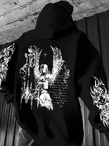 Men's Gothic Angel Print Fleece Hoodie, Unisex Casual Fashion Graphic Sweatshirt, Loose-Fitting Fall & Winter Outdoor Wear
