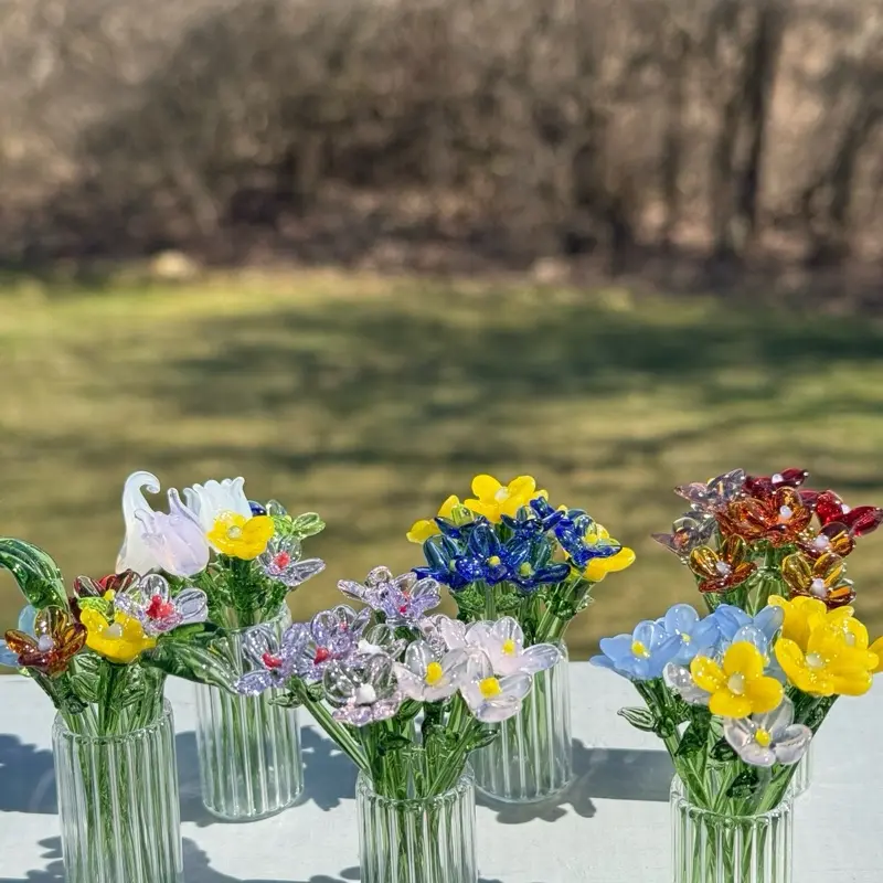 Glass Flower Bouquet - Mini Flower Figurine, Glass Artwork Table Centerpiece, Birth Flower Sculpture, Home Decor Gift for Mom & Friends