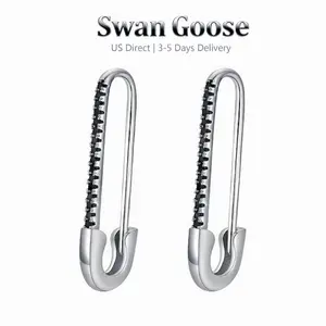 S925 Sterling Silve Minimalist Punk Safety Pin Earrings with Black Crystal Fashion jewelry Accessories for Men & Women,Elegant All-match Fashion Accessories for Daily wear
