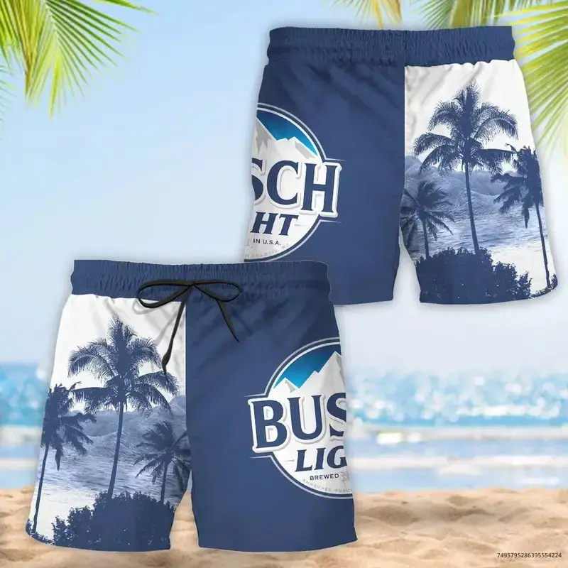 Buschh Light Tropical Flag Swim Trunks, Hawaiian Shorts For Men Dad Friend, Trendy Gift For This Summer Beach Swim Trunks Navy Blue Beer Print Summer Casual Streetwear Vacation Festival Outfit Loose Fit Board Shorts Gift For Dad