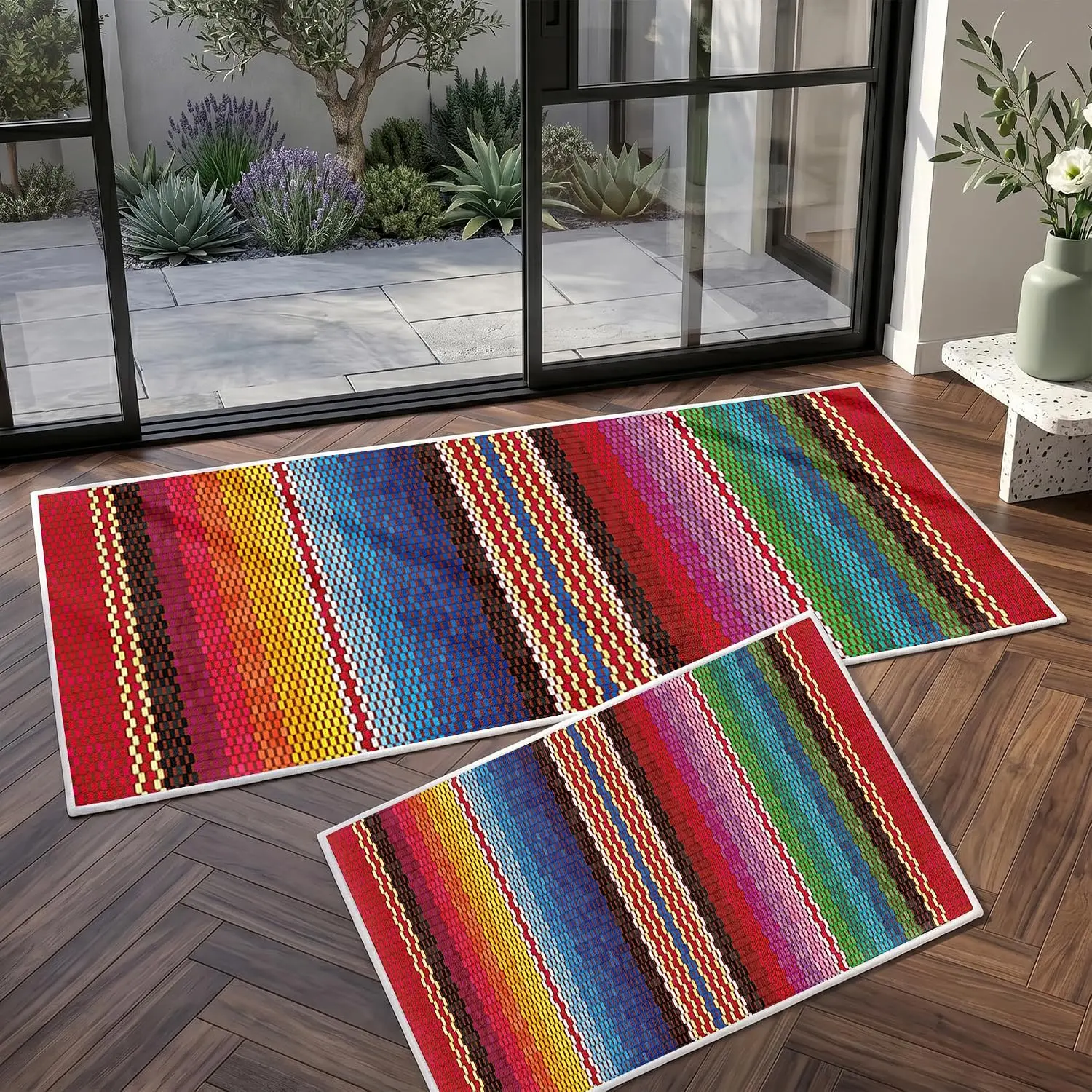 Mexican Theme Kitchen Rugs Set of 2, Boho Colorful Striped Door Mats, Non-Slip Washable Indoor Floor Mat for Entryway, Bathroom, Kitchen Sink, Laundry Room, 17"x29"+17"x47"