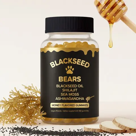 CBB 4-in-1 Honey-Flavored Vegan Botanical Chewable Edible Supplement Gummies - Black Seed Oil, Shilajit, Sea Moss, Ashwagandha, Vitamins C & D - 60 Pieces, 1-Month Supply Balanced Dietary Supplement for All Ages to Boost Energy