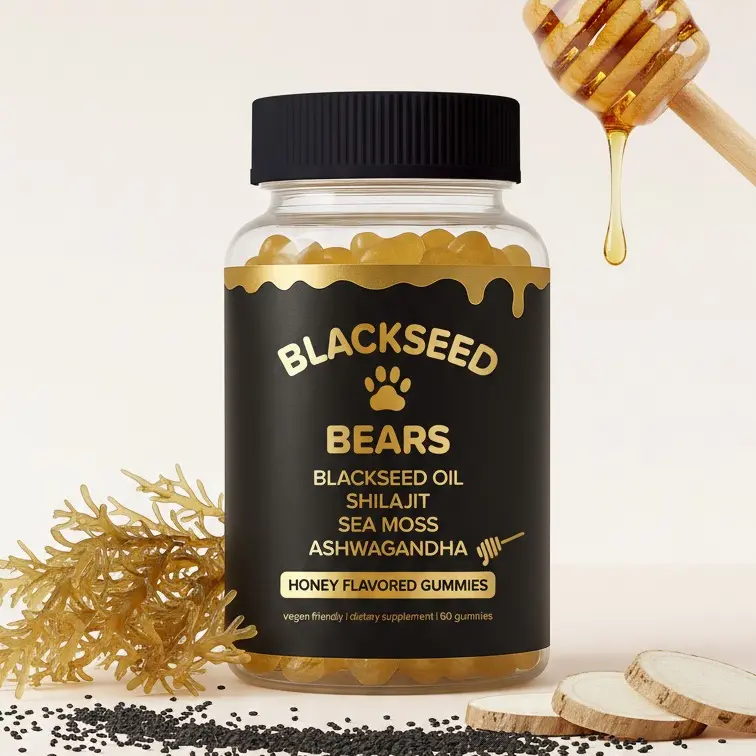 CBB 4-in-1 Honey-Flavored Vegan Botanical Chewable Edible Supplement Gummies - Black Seed Oil, Shilajit, Sea Moss, Ashwagandha, Vitamins C & D - 60 Pieces, 1-Month Supply Balanced Dietary Supplement for All Ages to Boost Energy
