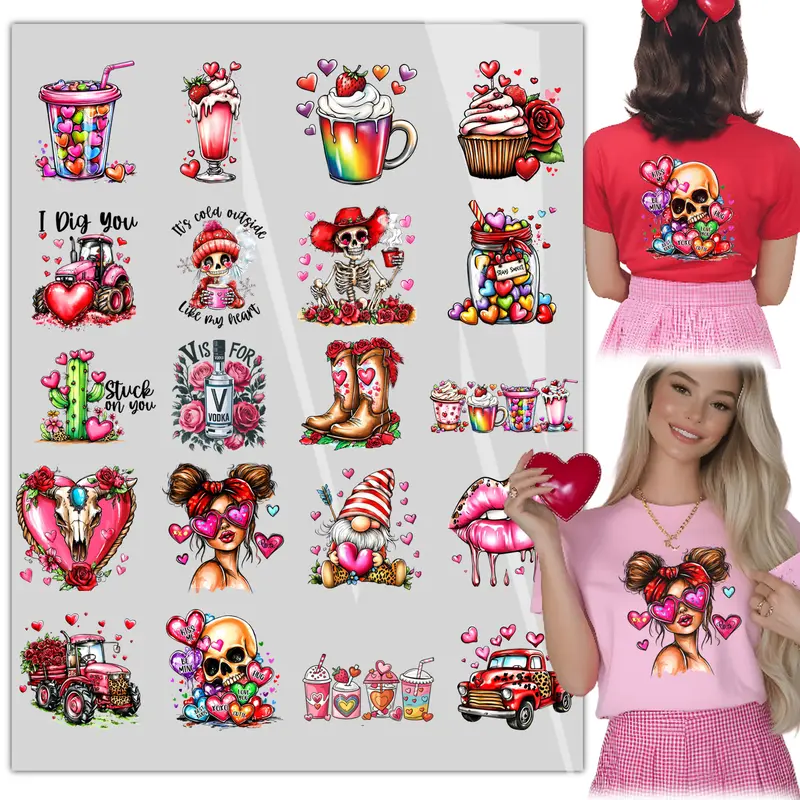 20 Sheets Valentine's Day DTF Transfers Heat Transfer Vinyl Decals for T-Shirts Bags Pillows DIY Crafts Iron on Stickers Ready to Press