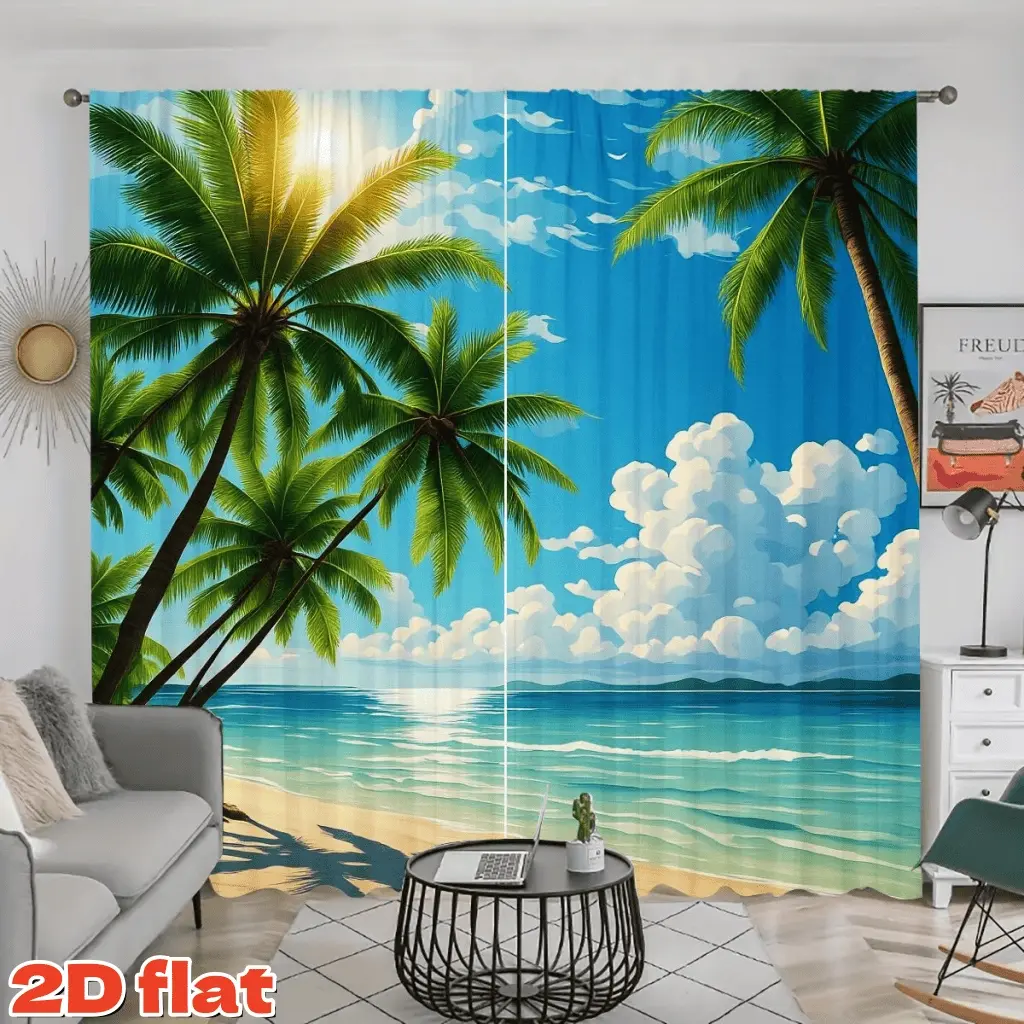 2D Flat 2Pcs Tropical Beach Scenery Window Curtains, Palm Trees Ocean View Semi-Shade, Pole Pocket Drapes for Living Room, Bedroom, Balcony, Kitchen, Study Decor, Privacy Protection, Enhancer, Vacation Vibes, House Style.