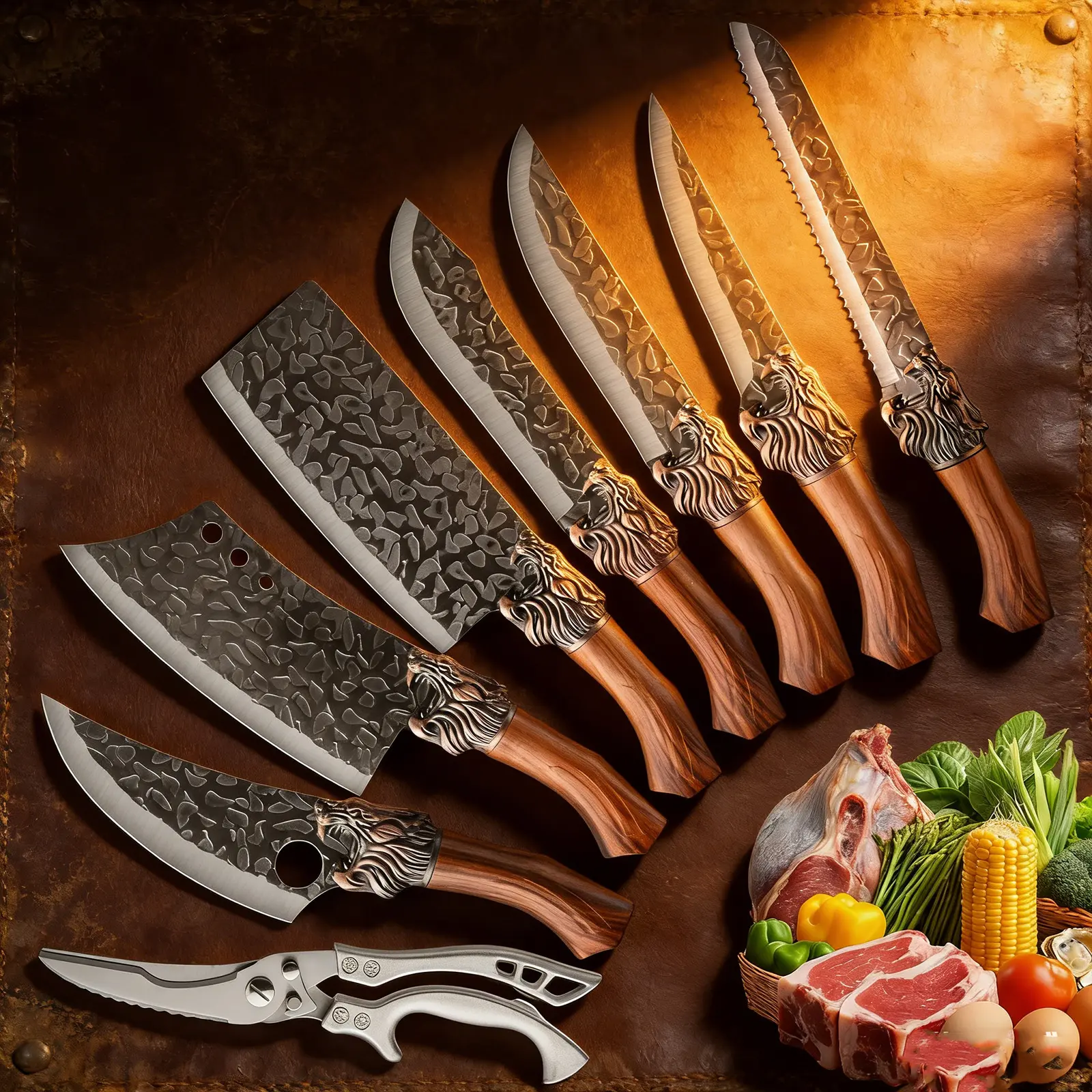 8-Piece Forged Kitchen Knife Block Set - Stainless Steel Hammer-Textured Blades, Lion-Head Ergonomic Handles, Nonstick Rustproof Chef-Grade Supplies for Home Use, Kitchen Supplies