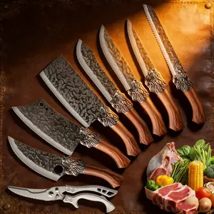 8-piece forged kitchen knife set featuring stainless steel blade with a hammer texture and lion-head handle; nonstick and rustproof; ergonomic design for home kitchens; chef-grade multi-purpose knives; kitchenware. outdoorfun