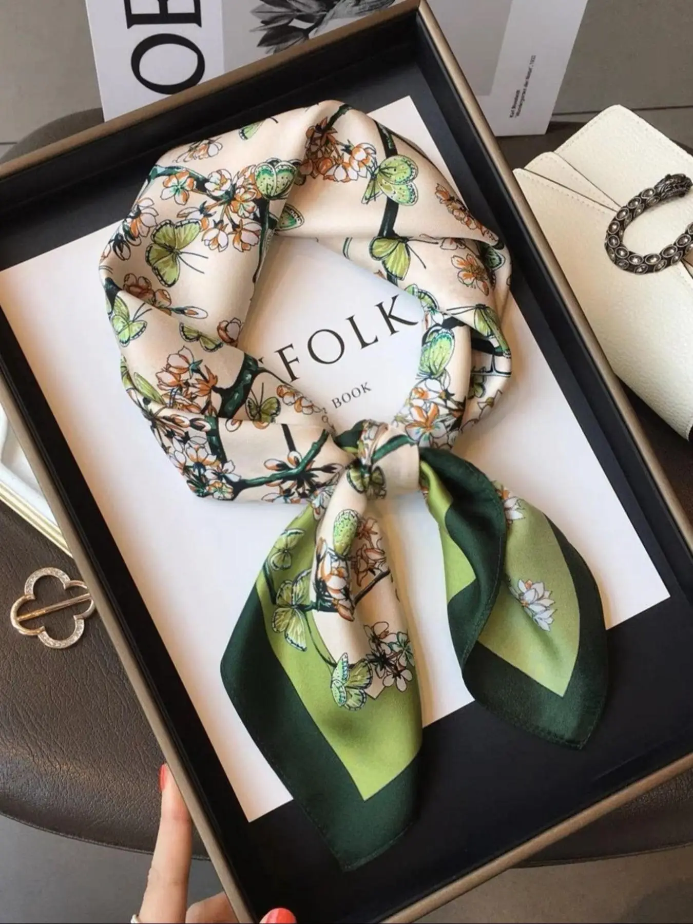 Floral & Butterfly Pattern Square Scarf, Elegant Satin Scarf for Women, Fashion Accessories for Daily Wear, Trendy All-match & Exquisite Scarf for Bir