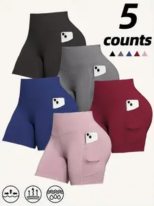 5pcs Women's Athletic Style Cycling Running Pilates Fitness Pants Vibrant Solid Color High Waist Butt Lifting Sports Shorts - Super Stretchy Seamless Yoga Running shorts women Shorts for Women - Jogger and Active Lifestyle, Moisture-Wicking Comfort