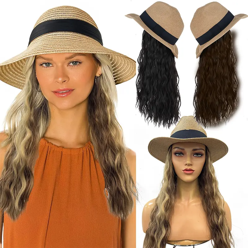 Straw Sun Hat with 16in Synthetic Hair Extension Long Wavy Curly Wig Wide Brim Women Adjustable Cap Detachable Hairpiece for Summer Travel Beach Outdoors Dark Black