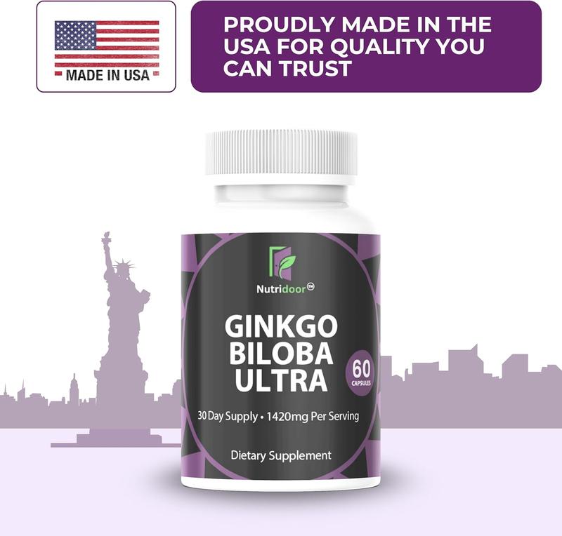 Ginkgo Biloba Ultra with Red Asian Ginseng 1420mg 60 Vegetarian Capsules Memory Focus Support Supplement Herbal Blend