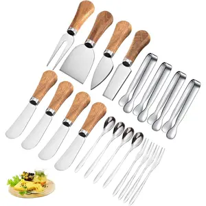 Cheese Knives Set with Wooden Handle,Mini Serving Tongs Spoons Forks Toothpick Flags for Party Christmas