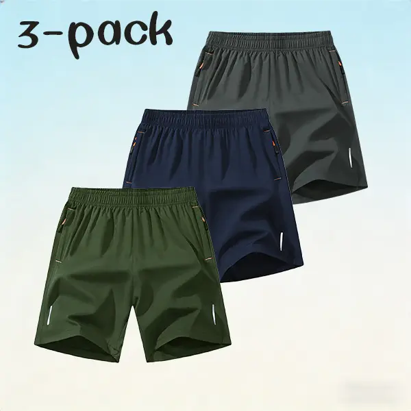 Spring/Summer 3-Pack Men's Black/Grey/Dark Blue Orange Zipper Side White Edge Quick-Drying Sports Casual Shorts