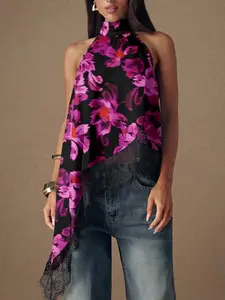 Women's Fashion Floral Print Tank Top Sexy Backless Summer Sleeveless Halter Elegant Lace Trim Asymmetrical Vest Casual Streetwear for Daily Wear Crop Top