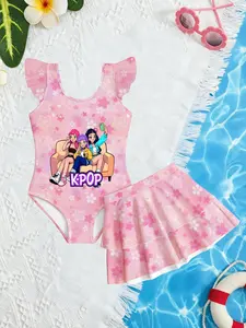 K-Pop Girl Group Sakura Print Two-Piece Swimsuit, Skirt Style Anime Swimwear, Cute Slim-Fitting Suit Without Button