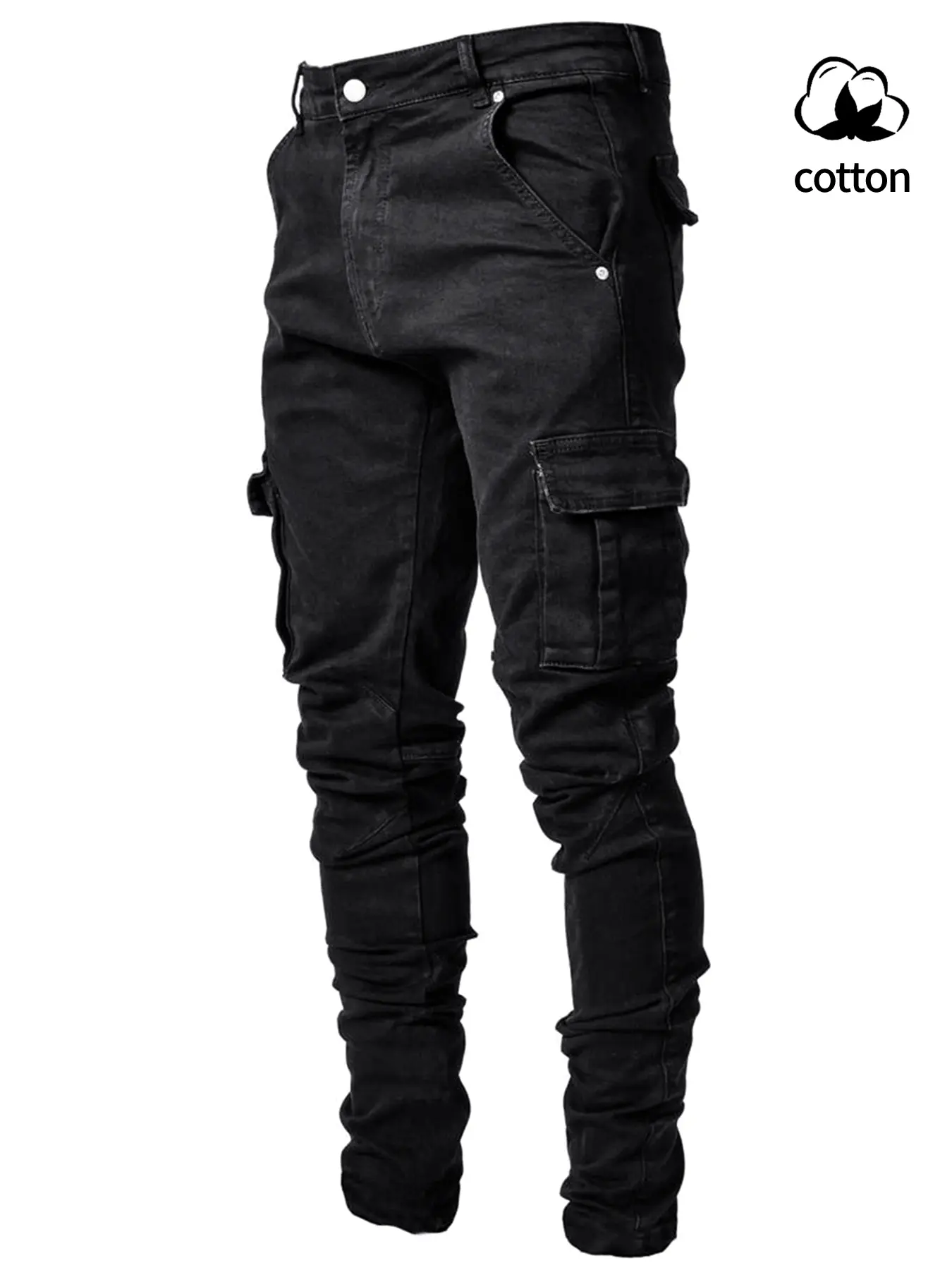 Men's Elastic Denim Jeans Pants, Menswear, Multi-Pocket Workwear, Casual Streetwear Slim Fit Side Pockets, Trendy Skinny Jeans, Plain Jeans Pants, All Seasons, Button Fly Closure, Trouser, Streetwear Cargo Jeans