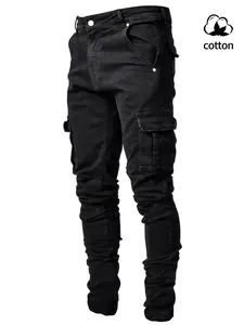 Men's Elastic Denim Jeans, Multi-Pocket Workwear, Casual Slim Fit Side Pockets, Trendy Skinny Jeans, All Seasons, Button Fly Closure