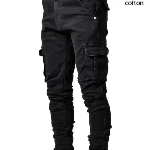 Men's Elastic Denim Jeans Pants, Multi-Pocket Workwear, Casual Slim Fit Side Pockets, Trendy Skinny Jeans, All Seasons, Button Fly Closure