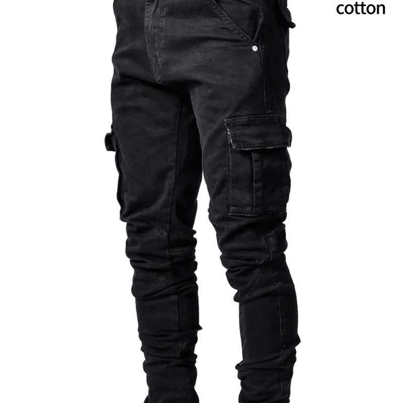 Men's Elastic Denim Jeans Pants, Multi-Pocket Workwear, Casual Slim Fit Side Pockets, Trendy Skinny Jeans, All Seasons, Button Fly Closure